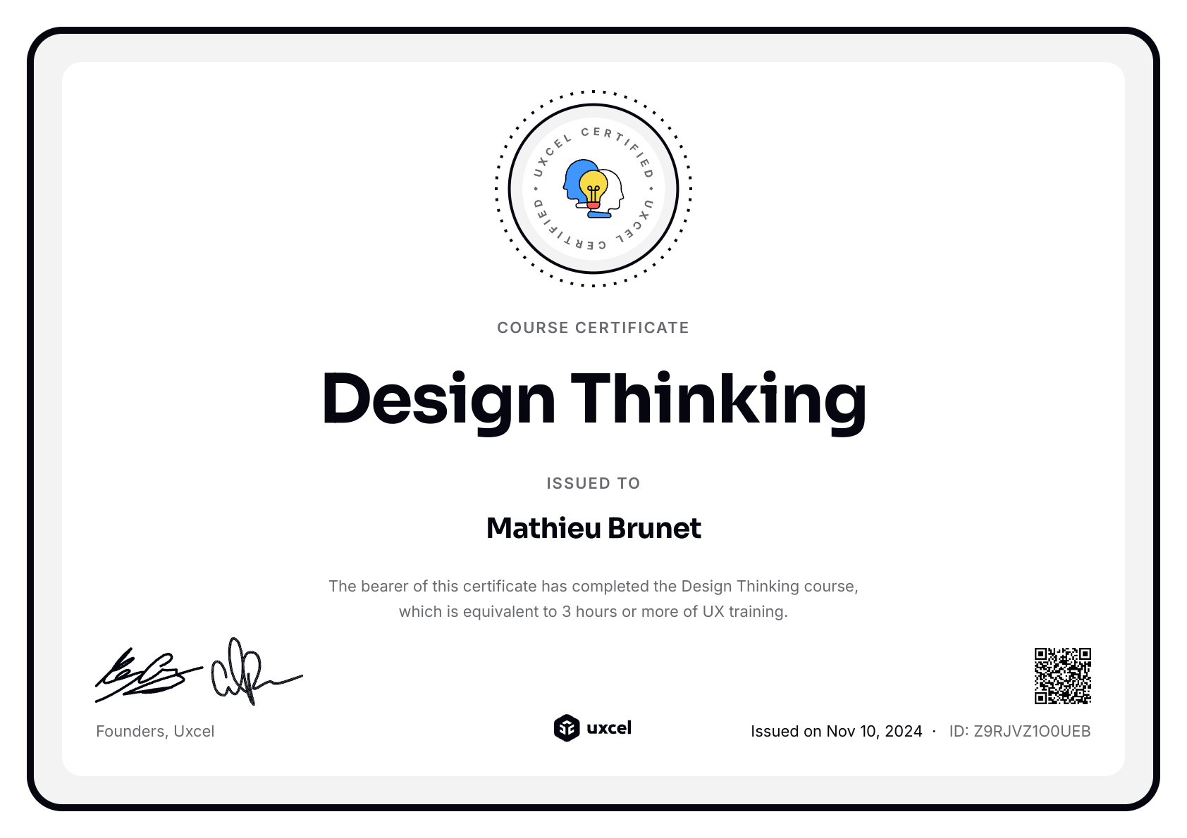 Mathieu Brunet's certificate